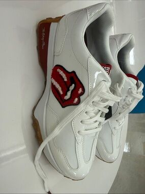 the Rolling Stones White Sneakers with Red Lip Patch and Gum Sole